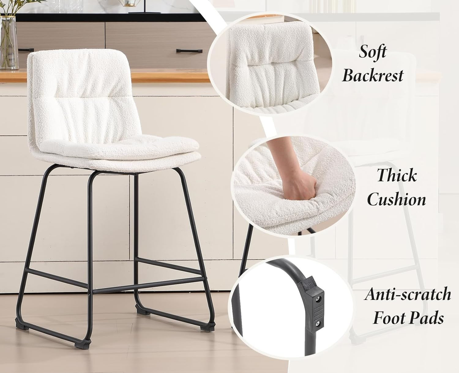 Modern White Bar Stools Set of 2 – Teddy Fabric Counter Chairs