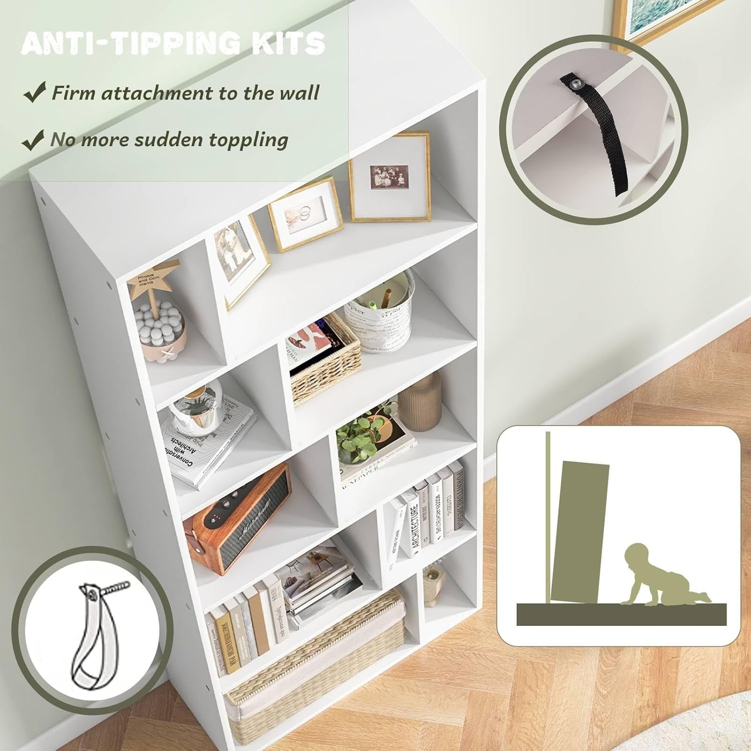 Tall 5-Tier White Bookshelf with 10 Compartments Modern Storage Display Unit