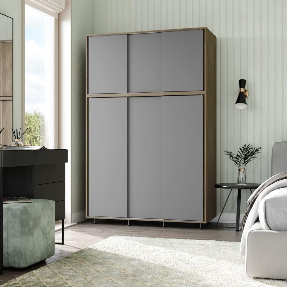 6-Door Grey Oak Sliding Wardrobe with Adjustable Feet & Hanging Rail