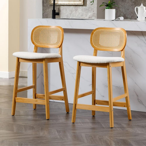 Rattan Bar Stools Set of 2 Counter Height Wooden Kitchen Island Chairs