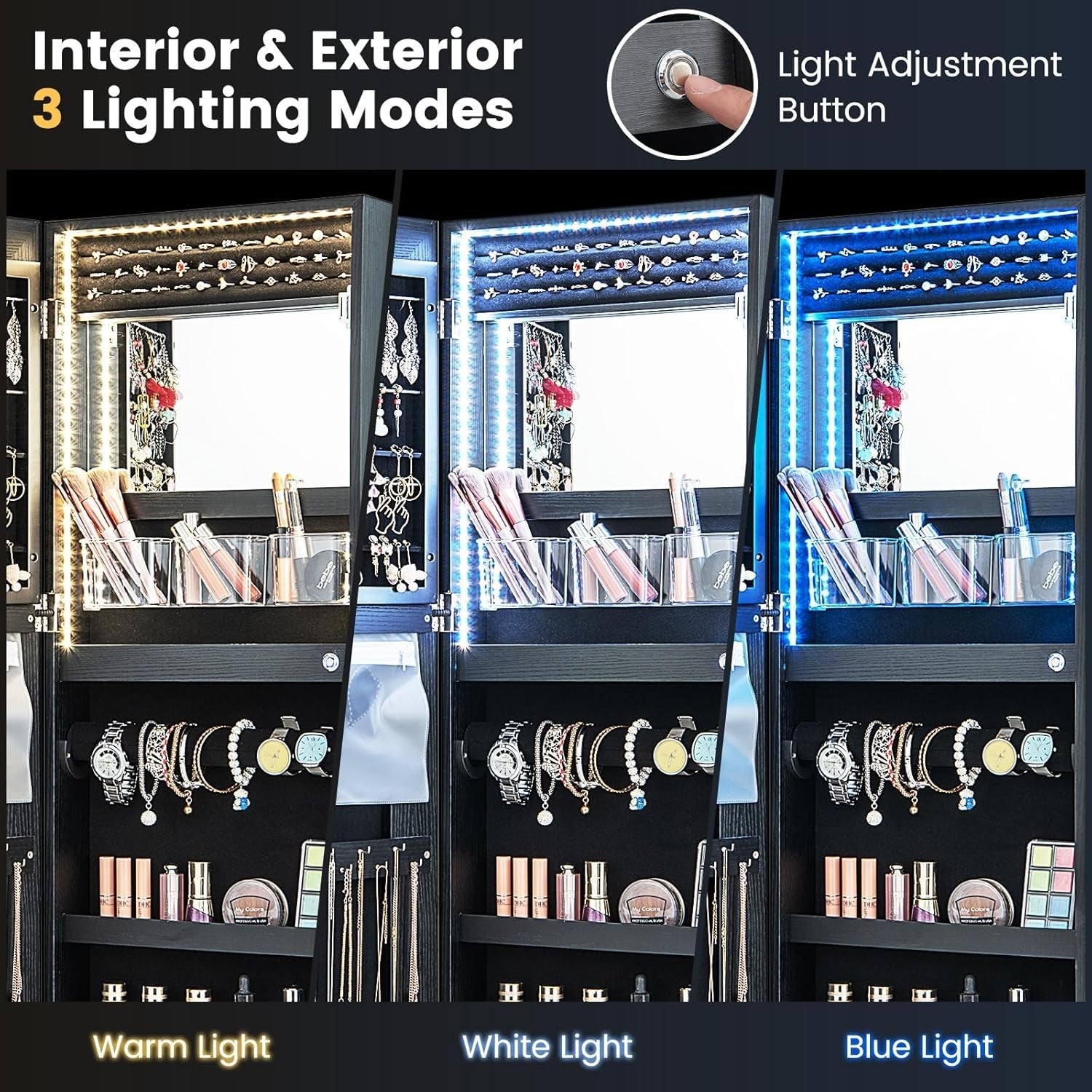 Black LED Wall Hanging Jewelry Cabinet Mirror Lockable 3-Color Light Storage
