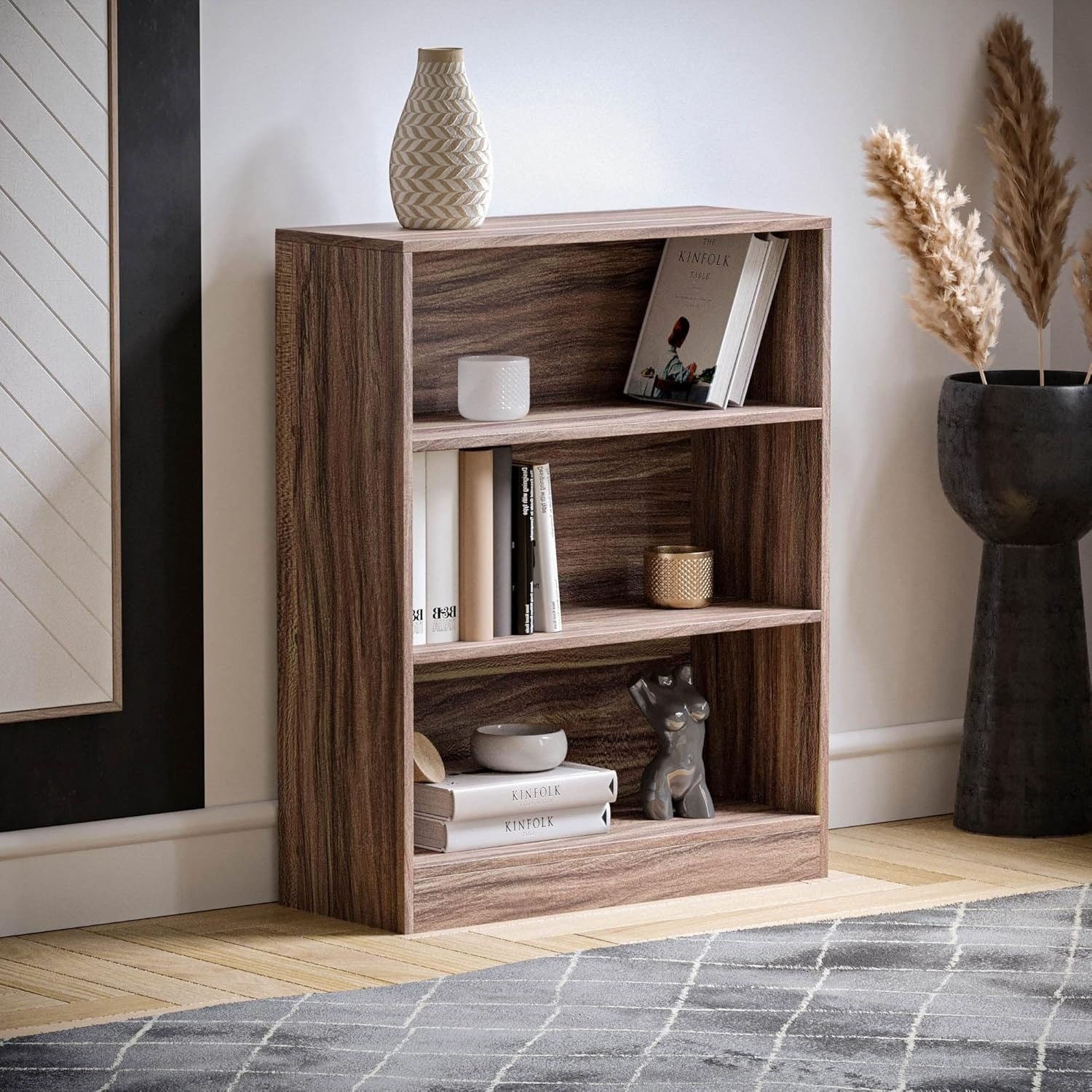 3 Tier Walnut Wooden Bookcase Modern Storage Display Shelf for Living Room Low