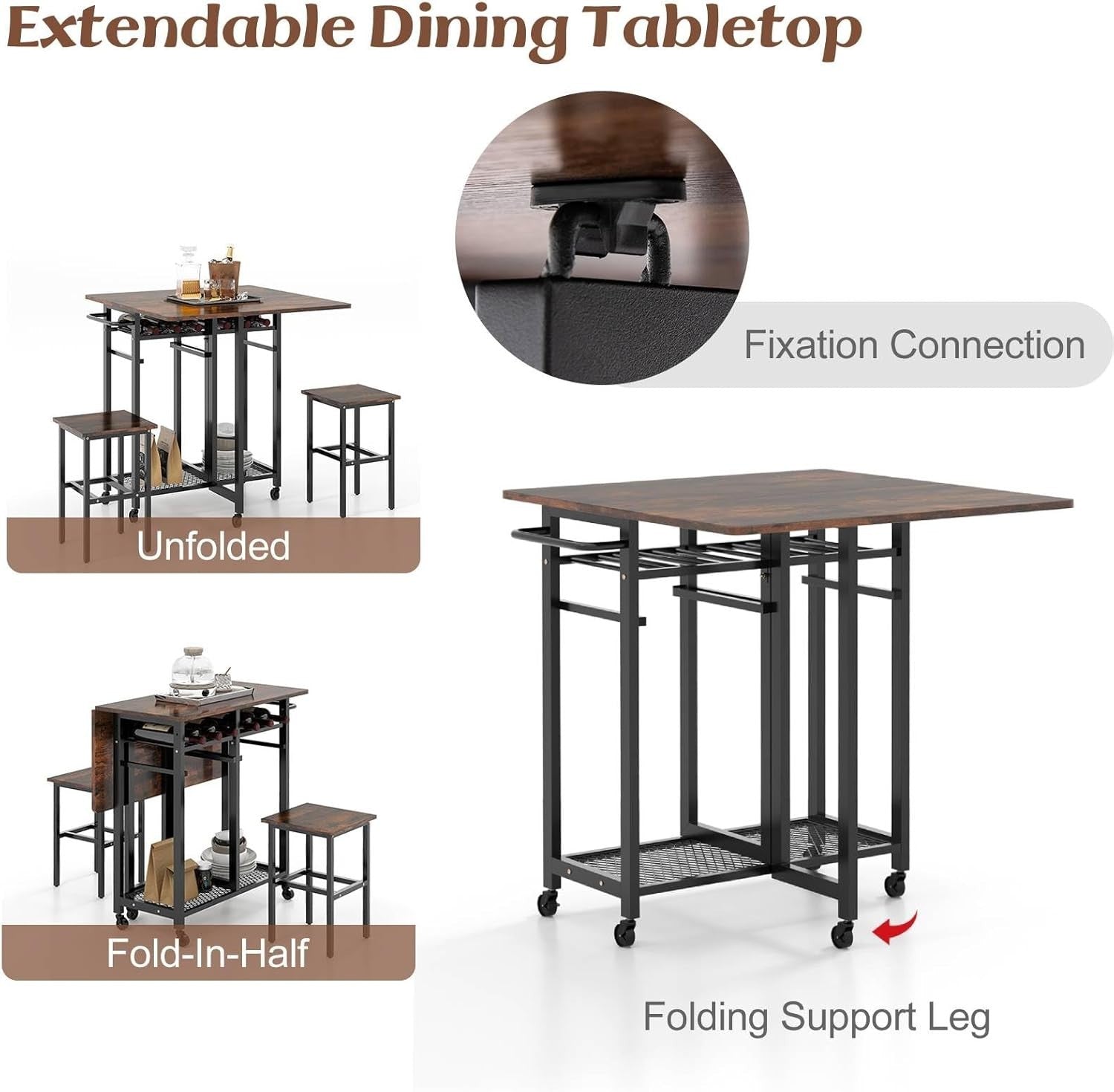 3-Piece Folding Dining Table & Stools Set with Wine Rack Storage Brown