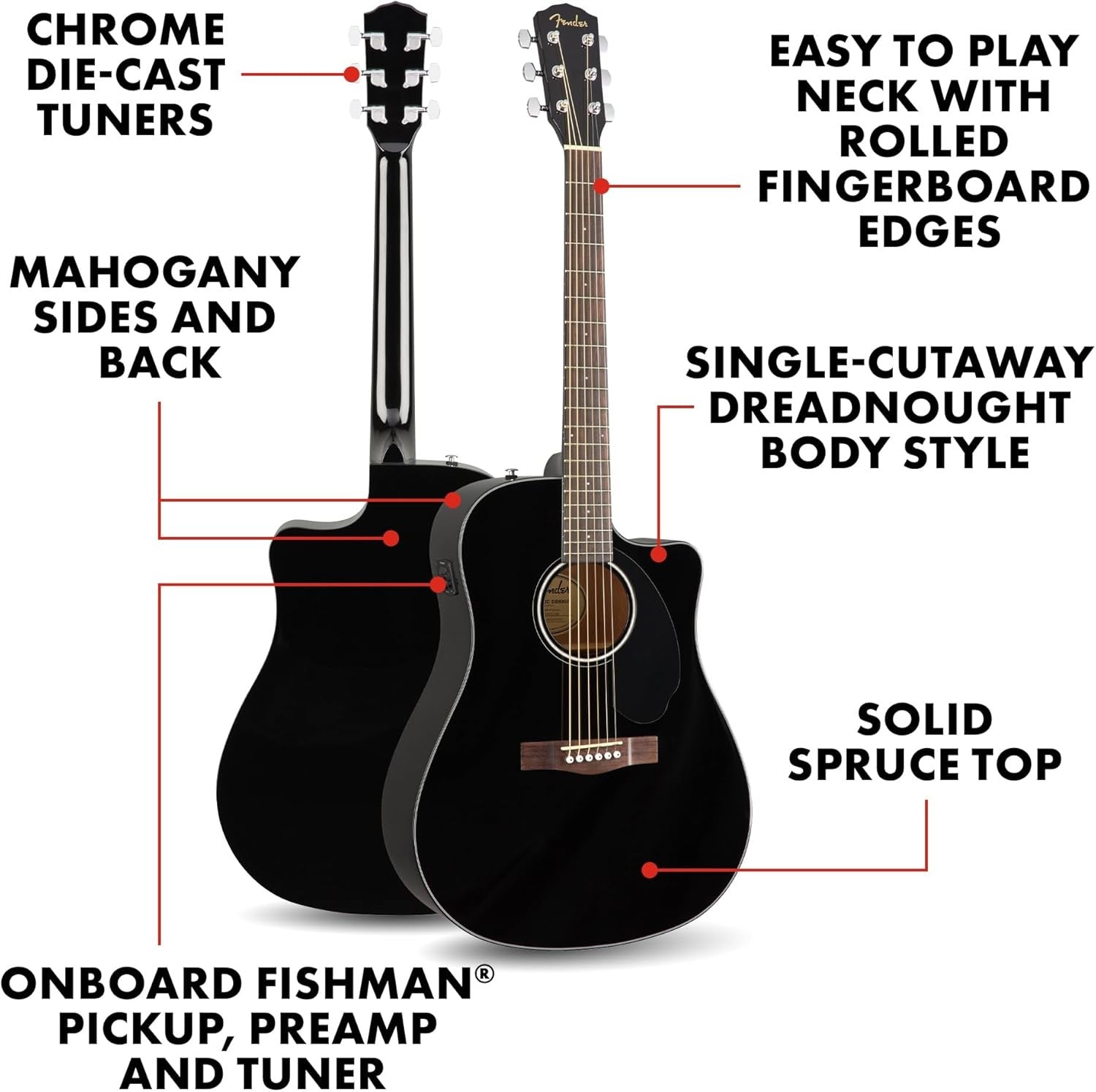 Dreadnought Electro Acoustic Guitar Cutaway Black w/ Pickup