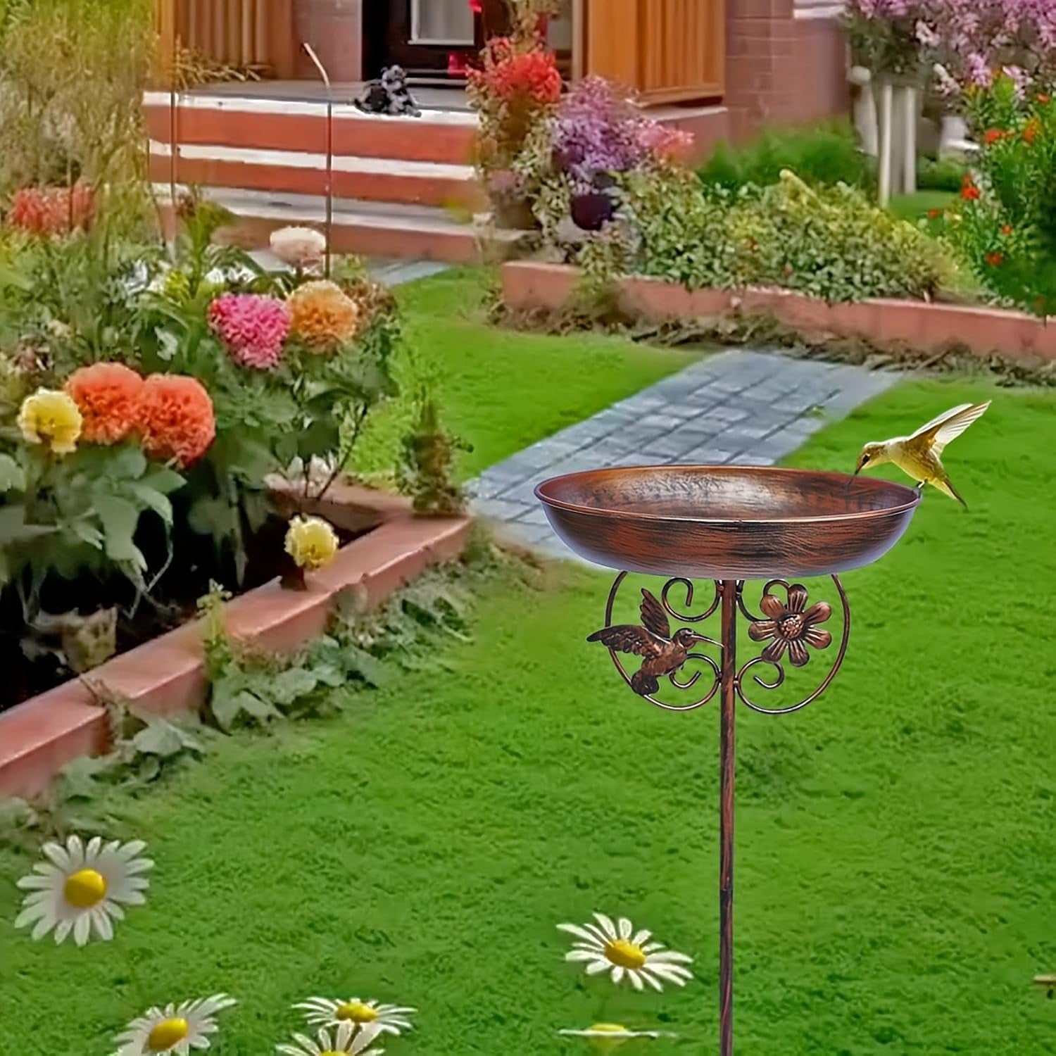 Vintage Outdoor Bird Bath Feeder Bowl Metal Garden Stake Stand Weatherproof