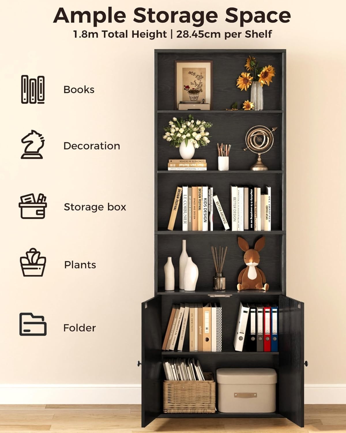 6-Tier Tall Bookshelf with Doors, Space-Saving Storage & Cabinet, Black