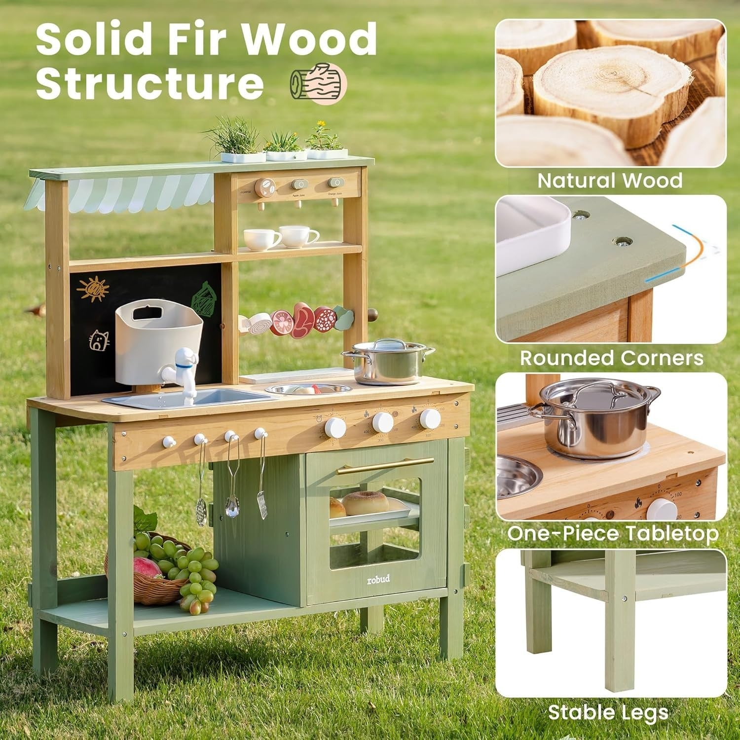 Wooden Mud Kitchen for Kids Outdoor Playset w/ Sink Blackboard