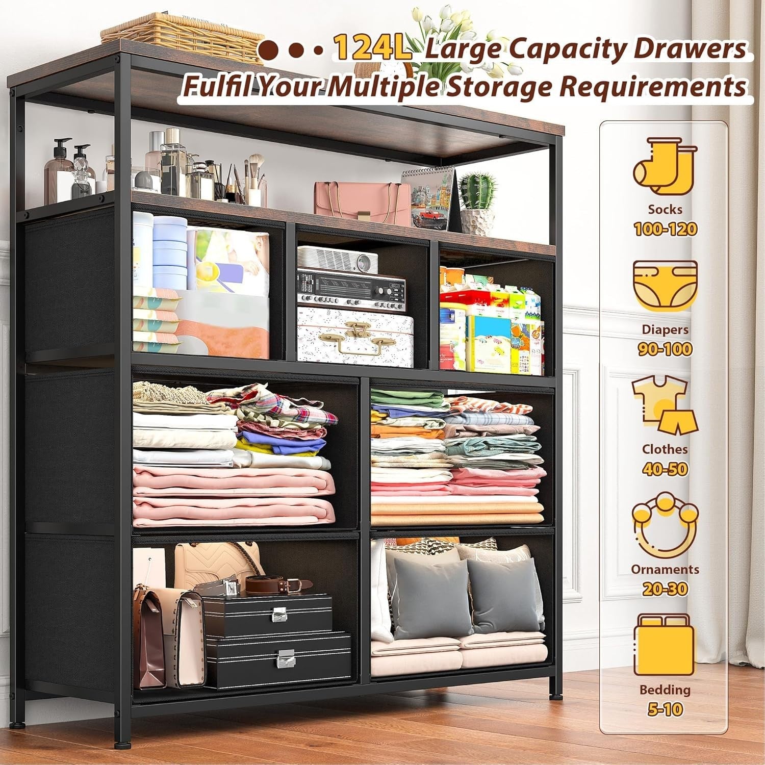 Tall Chest of Drawers Storage Unit 7 Fabric Drawers, Wood Top, Shelves