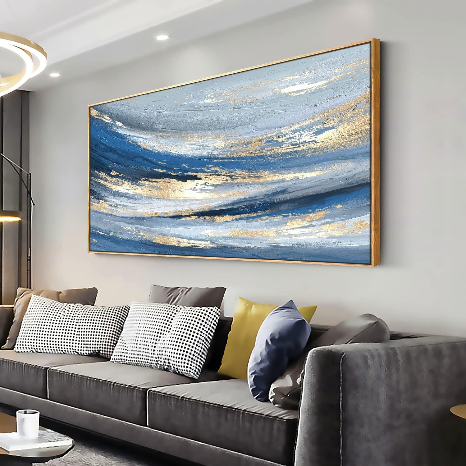 Blue Gold Abstract Canvas Wall Art – Large Framed Painting 40x20in