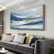 Blue Gold Abstract Canvas Wall Art – Large Framed Painting 40x20in