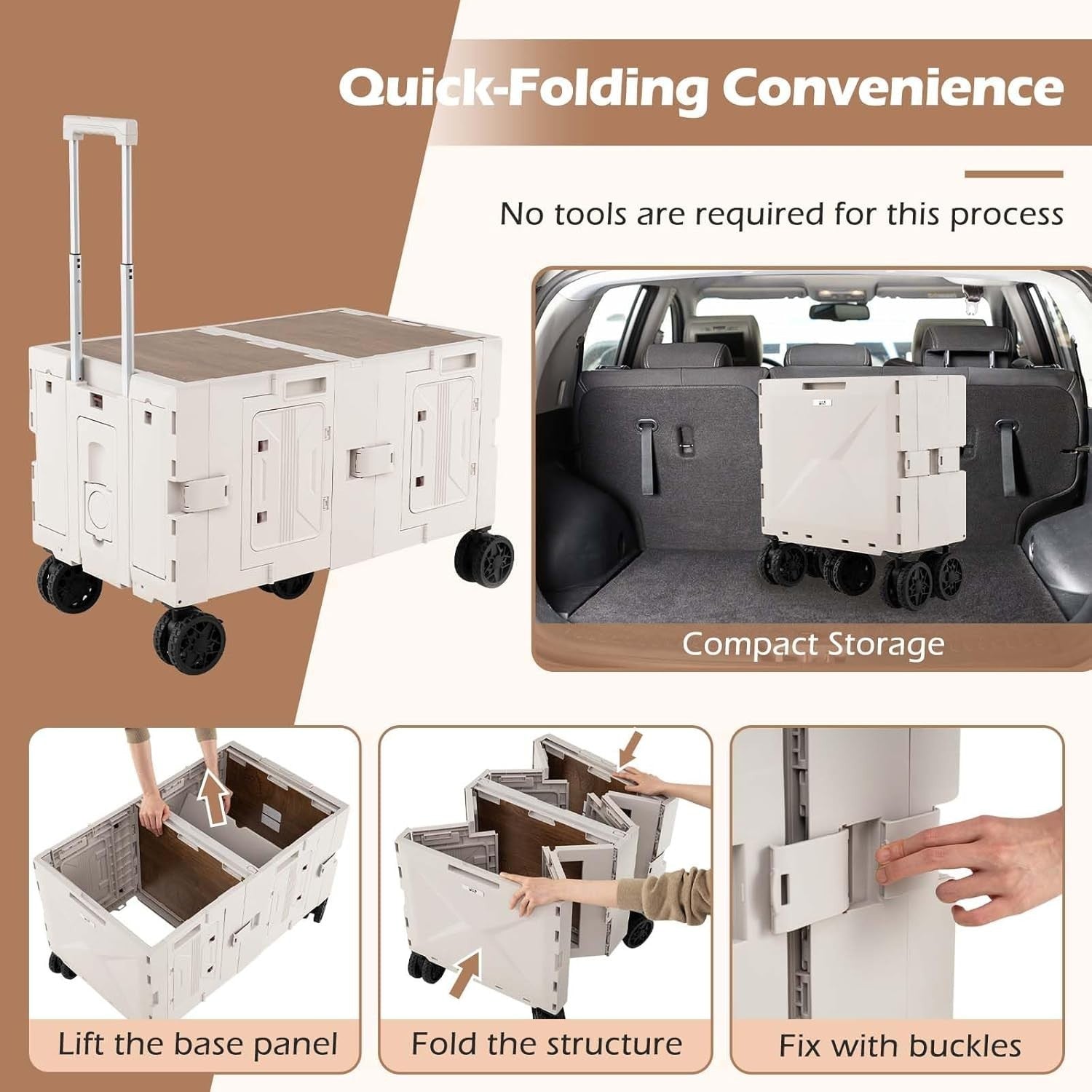 150L Folding Utility Trolley Cart Heavy Duty Wagon 5 Wheels Tabletop White