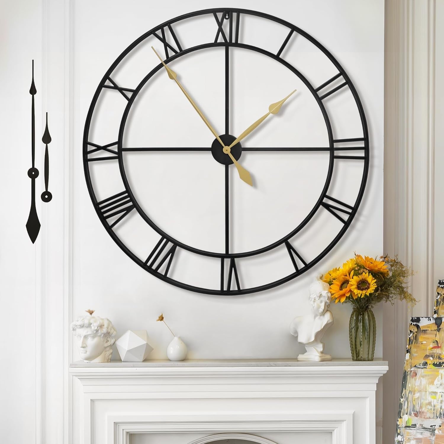 100cm Extra Large Silent Metal Wall Clock Roman Numerals Art Deco Black