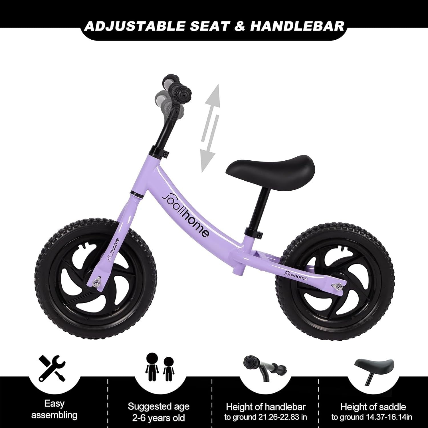 12" Kids Balance Bike Adjustable Seat Handlebar No Pedal Toddler Bike Purple