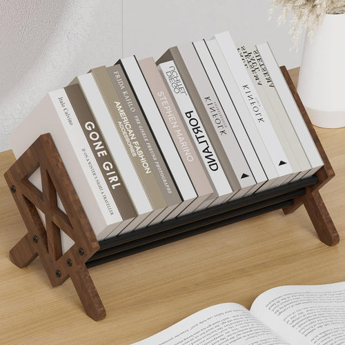 Wood Tilting Desktop Bookcase Organizer Rack for Books CDs Magazines Brown