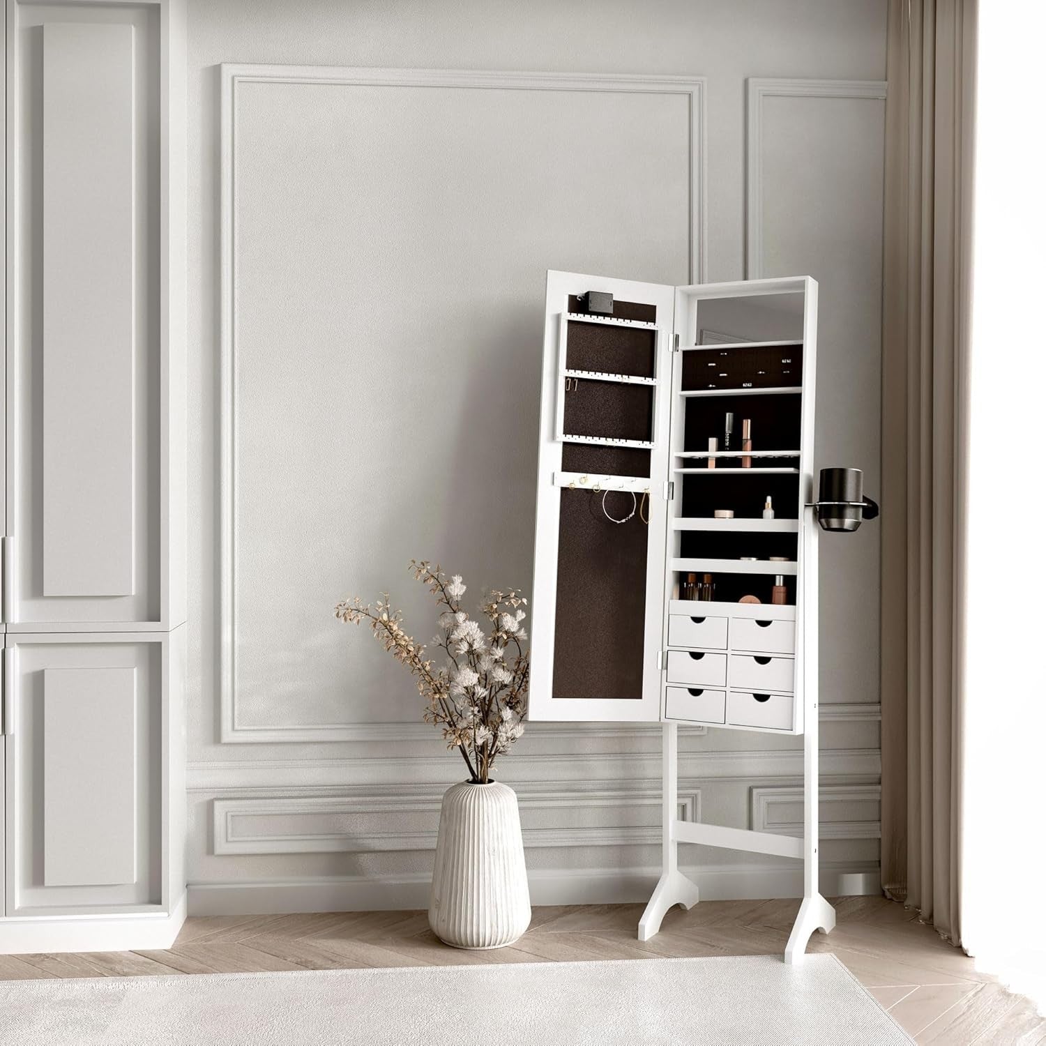 White LED Jewellery Cabinet Full Length Mirror with 6 Drawers Storage