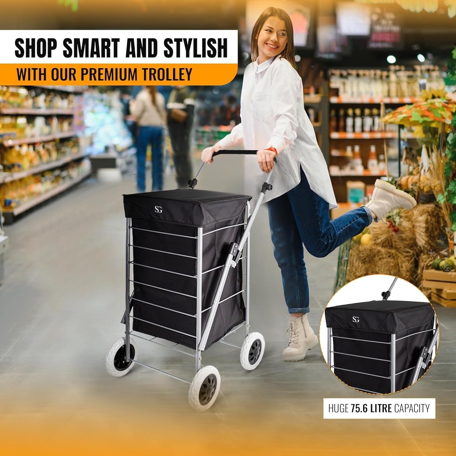 Foldable 4-Wheel Shopping Trolley Cart with Removable Bag - Heavy Duty