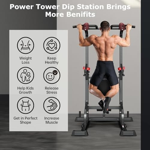 Black Power Tower Dip Station Pull-Up Bar with Supine Board Home Gym
