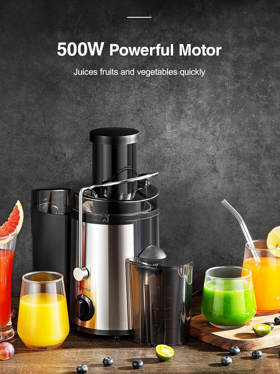 500W Centrifugal Juicer 3 Inch Wide Mouth 2 Speed Easy Clean Black Whole