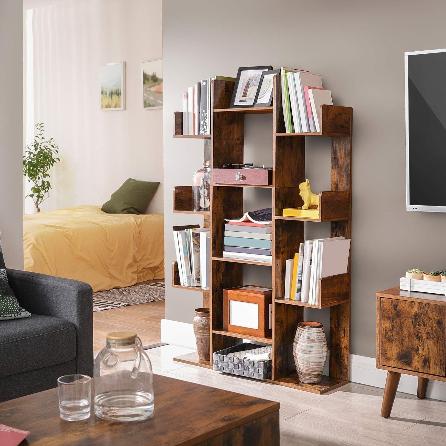 Tree-Shaped 13-Shelf Rustic Brown Bookcase Tall Display Unit for Modern Homes