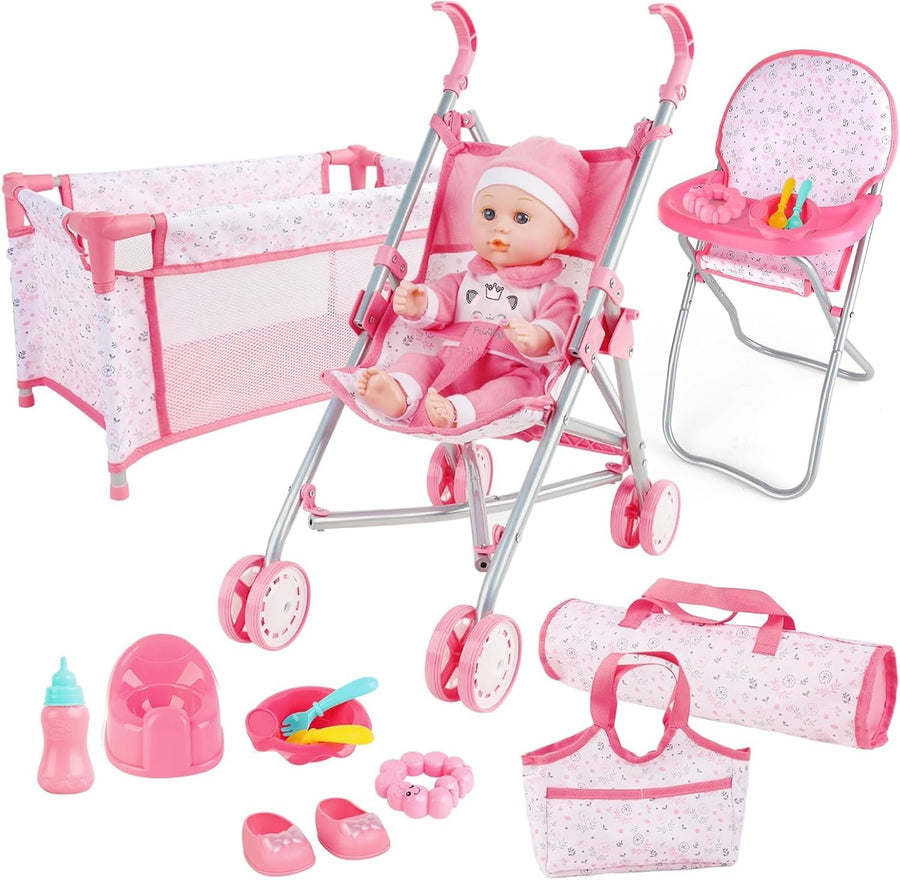 Baby Doll Stroller Playset Foldable Pram Cot Highchair Accessories