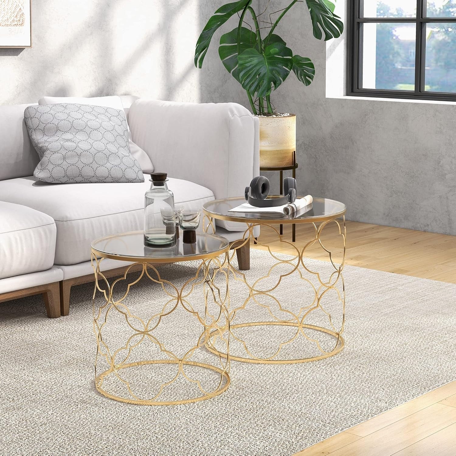 Nest of 2 Round Side End Tables Gold Tone Metal Frame Tempered Glass Top Modern