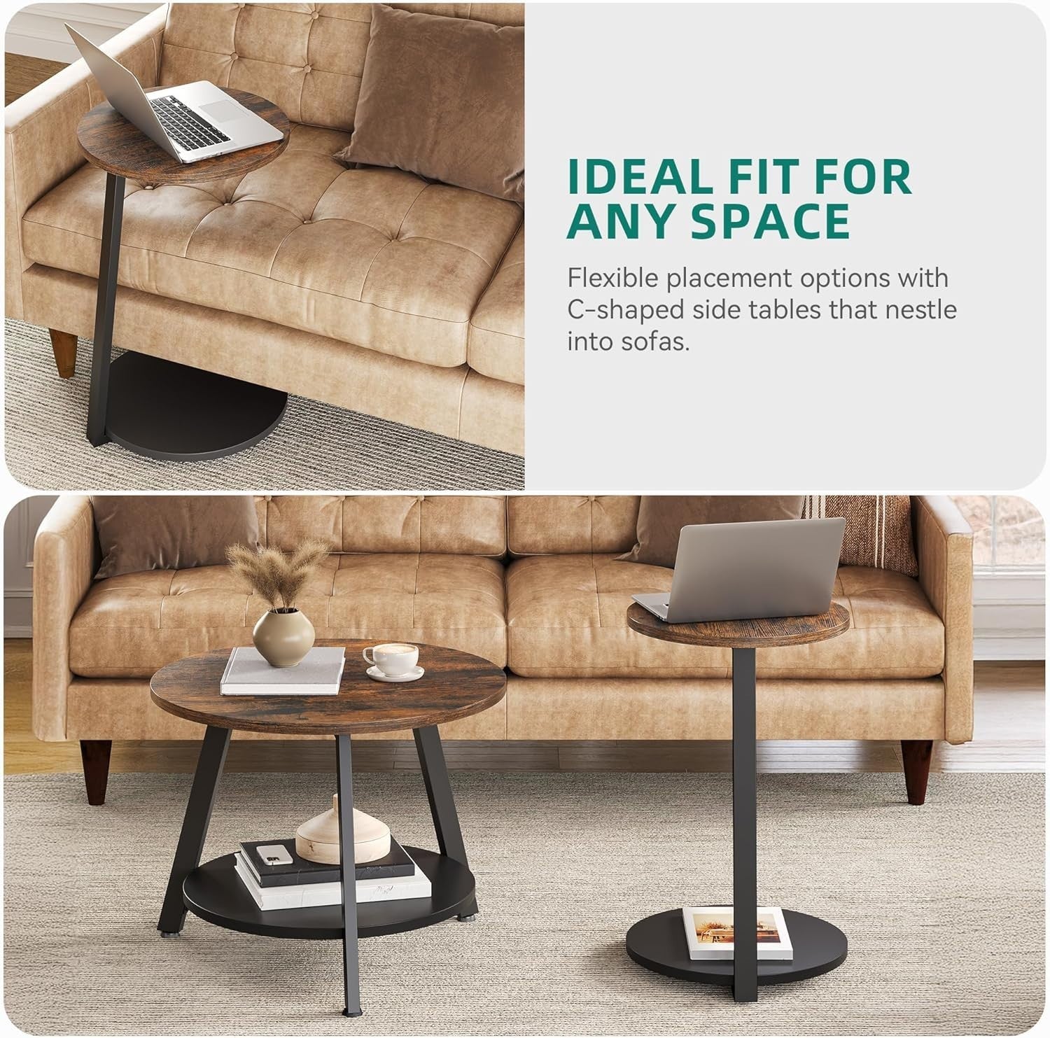 Nesting Coffee Table Set 2 Rustic Brown Round Side End Tables Storage