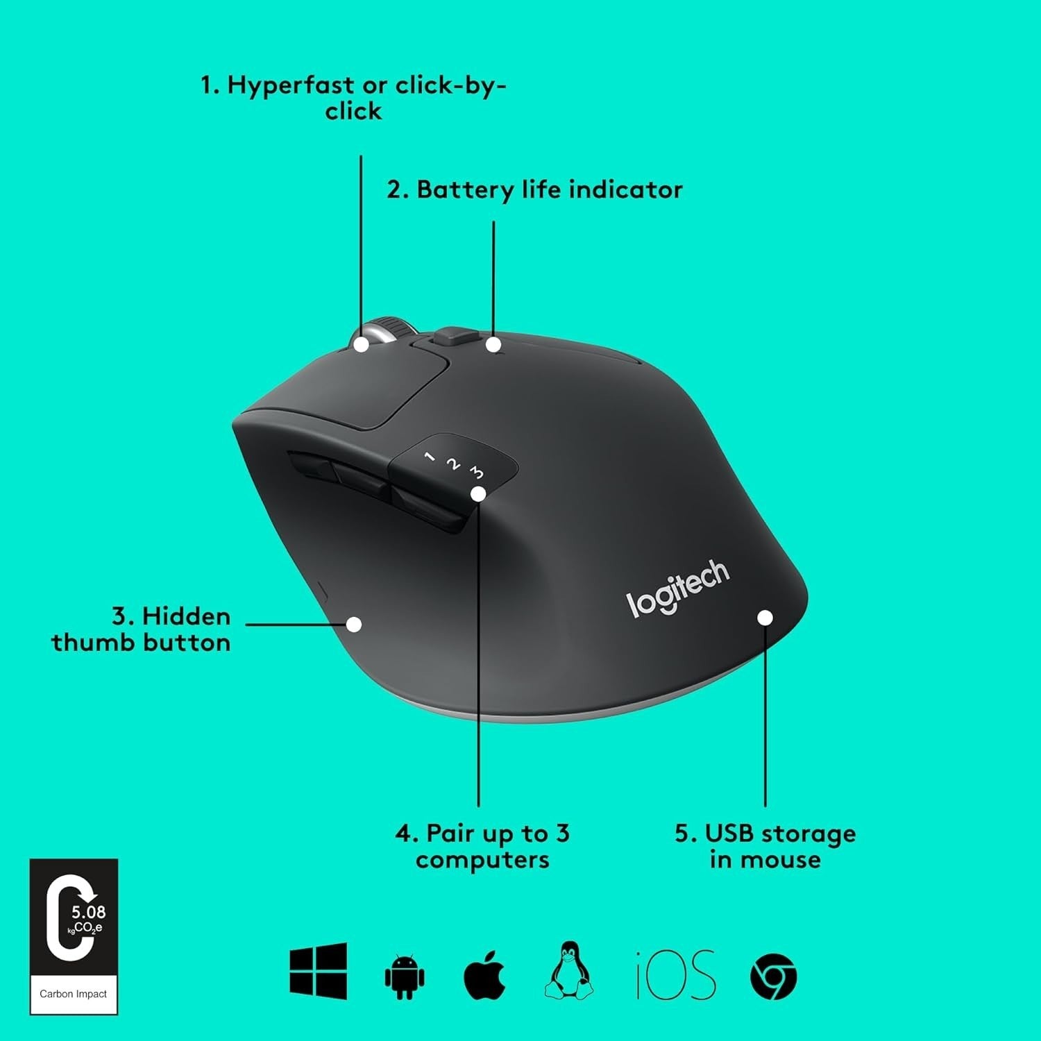 Multi Device Wireless Mouse Bluetooth USB Long Battery Ergonomic Office