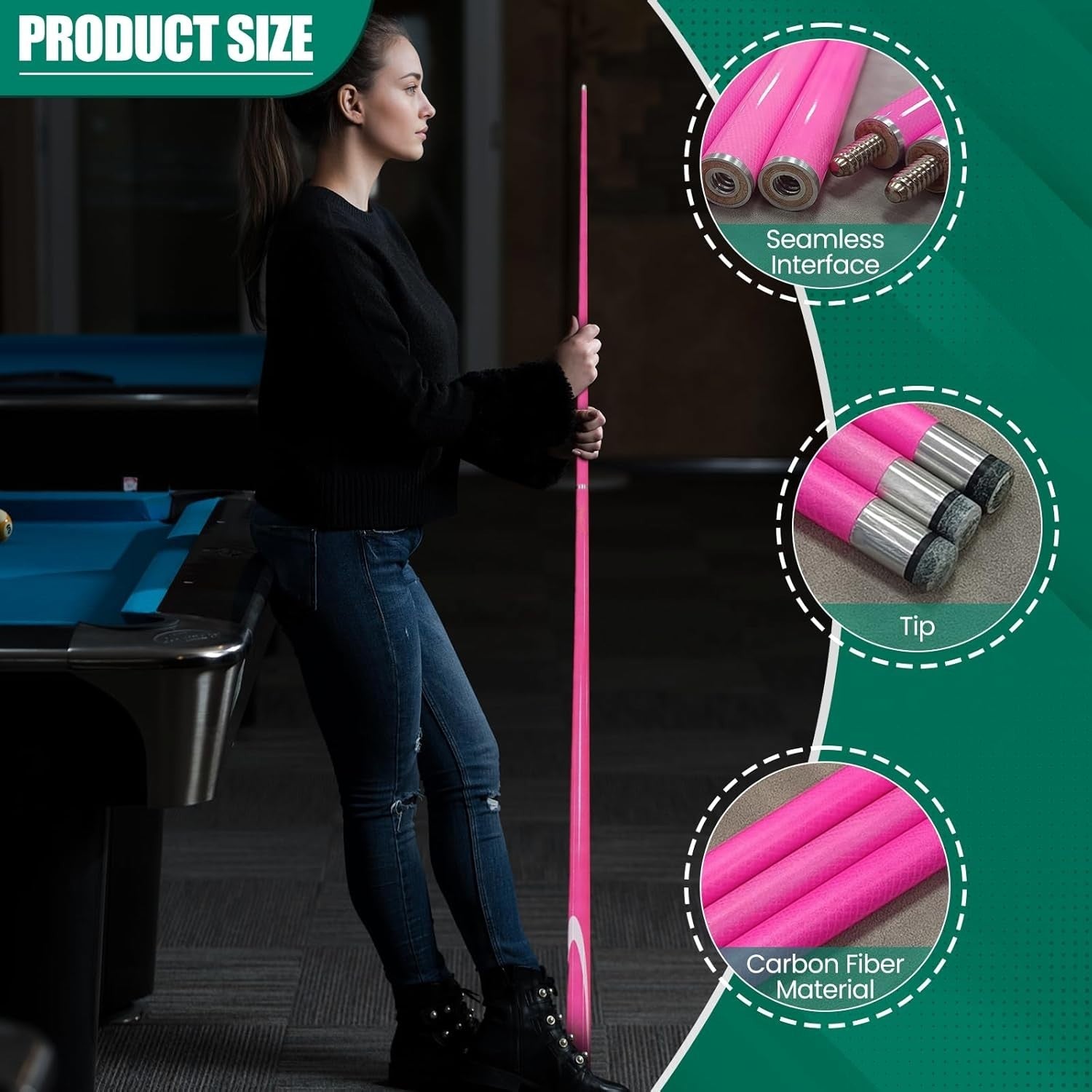 57in Carbon Fiber Pool Cue 9.5mm Tip 1/2 Split Snooker Stick