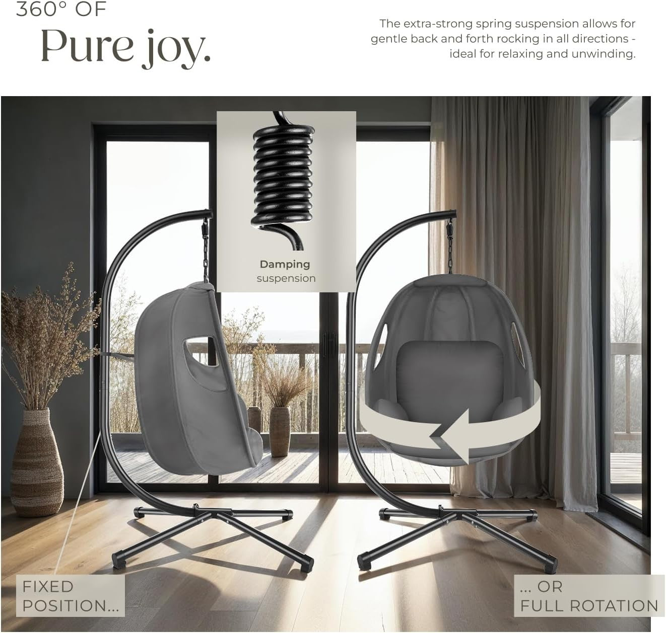Swivel Hanging Egg Chair with Stand & Comfy Cushion for Indoor Outdoor Use