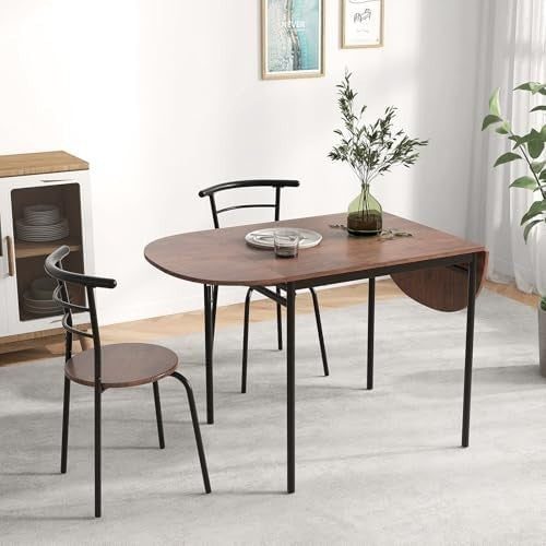 3PCS Folding Dining Table Set Rustic Brown Drop Leaf Chairs Space-Saving