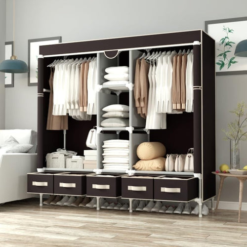 Large Canvas Wardrobe Storage Unit 5 Drawers Hanging Rail Shelves 175cm