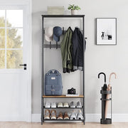 Rustic Brown 3-in-1 Coat Rack with Shoe Storage & 10 Hooks Hallway Stand