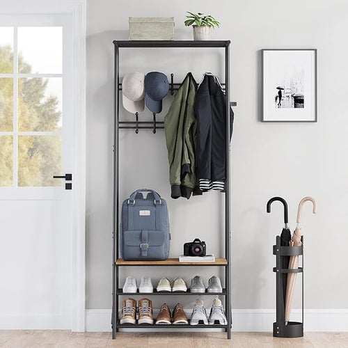 Rustic Brown 3-in-1 Coat Rack with Shoe Storage & 10 Hooks Hallway Stand