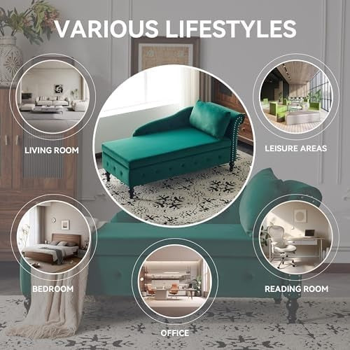 Velvet Chaise Lounge Sofa with Storage, Button Tufted, Plush Velvet, Green, Righ