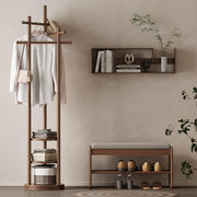 Walnut Wooden Coat Rack Stand | 3 Shelves Rotating 9 Hooks Hall Tree Organiser