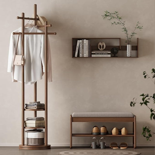 Walnut Wooden Coat Rack Stand | 3 Shelves Rotating 9 Hooks Hall Tree Organiser