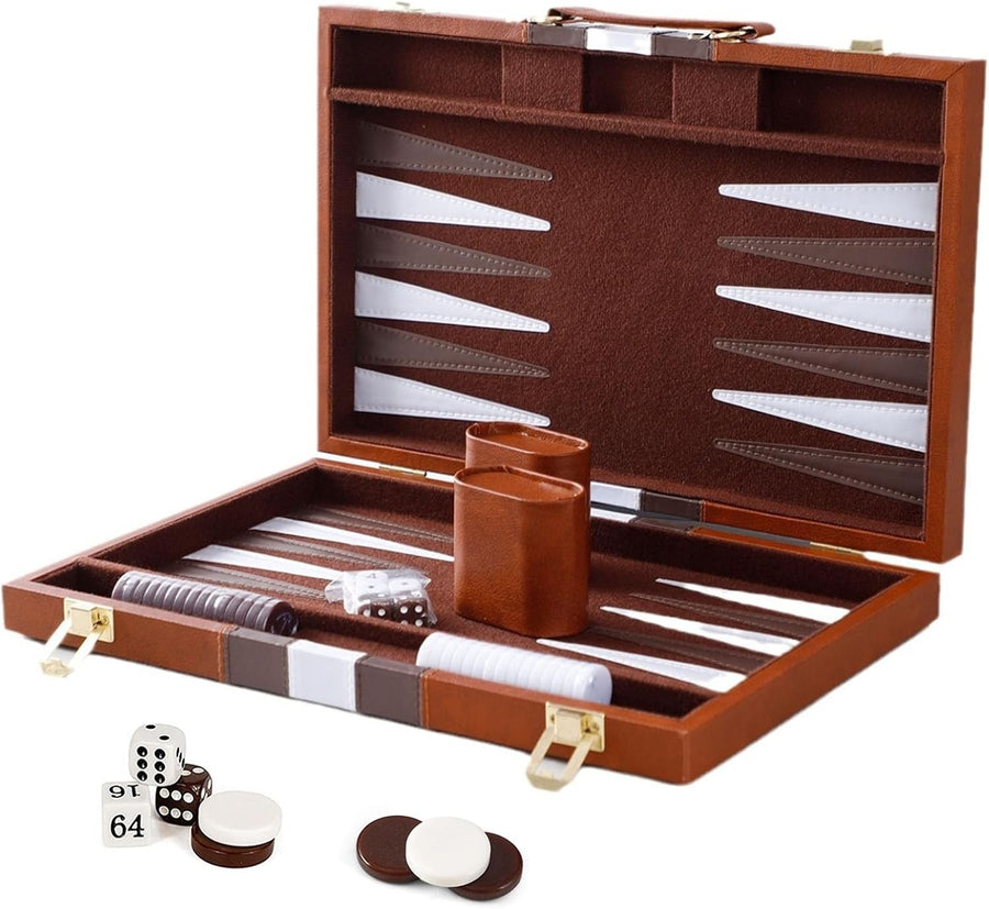 15 Inch Backgammon Set Leather Case Portable Travel Board Game Dice Cups