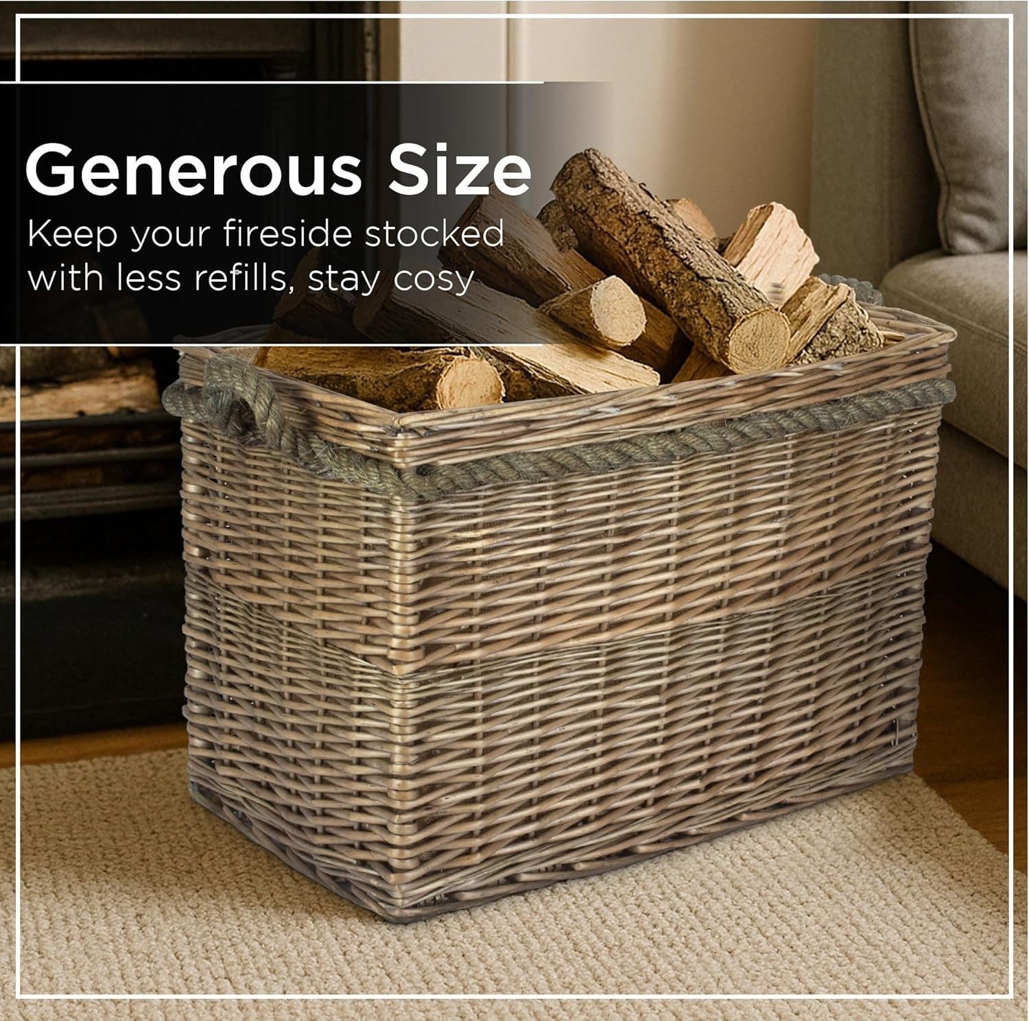 Wicker Log Basket with Rope Handles – Firewood Storage 38x50cm