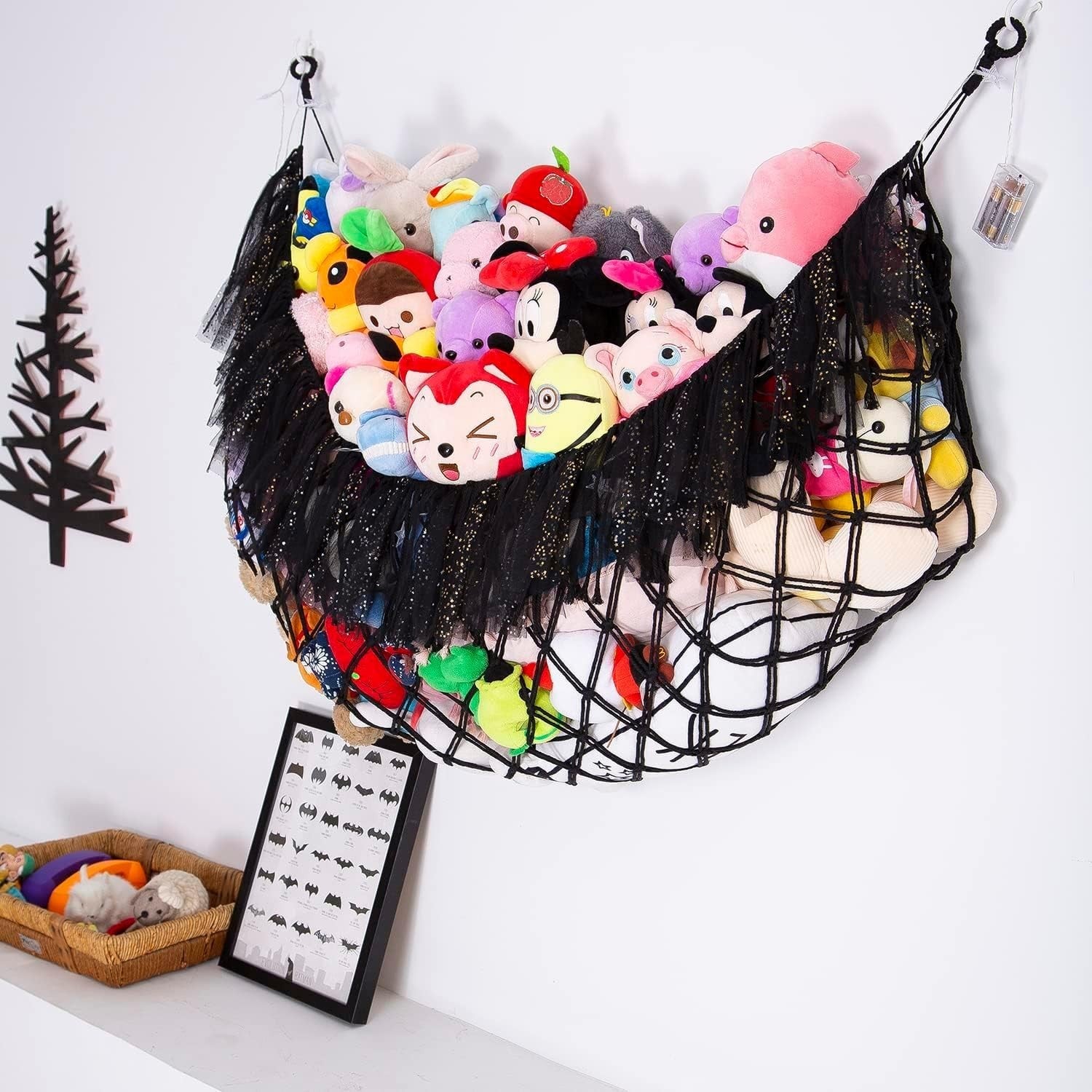 Extra Large Black Toy Hammock with LED Lights – Plush Animal Wall Storage