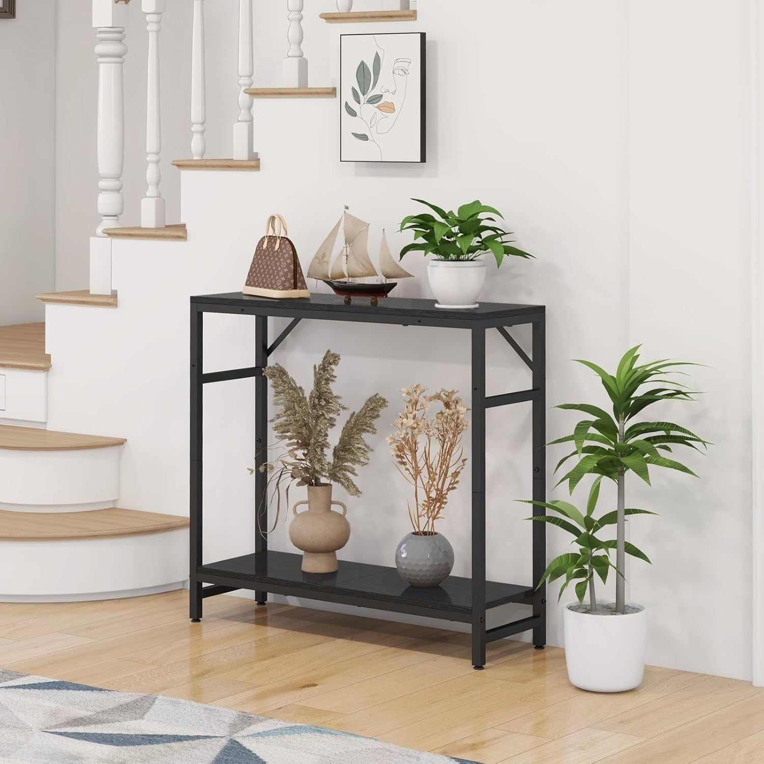Slim 2-Tier Console Table with Storage Shelf & Support Bars for Hallway