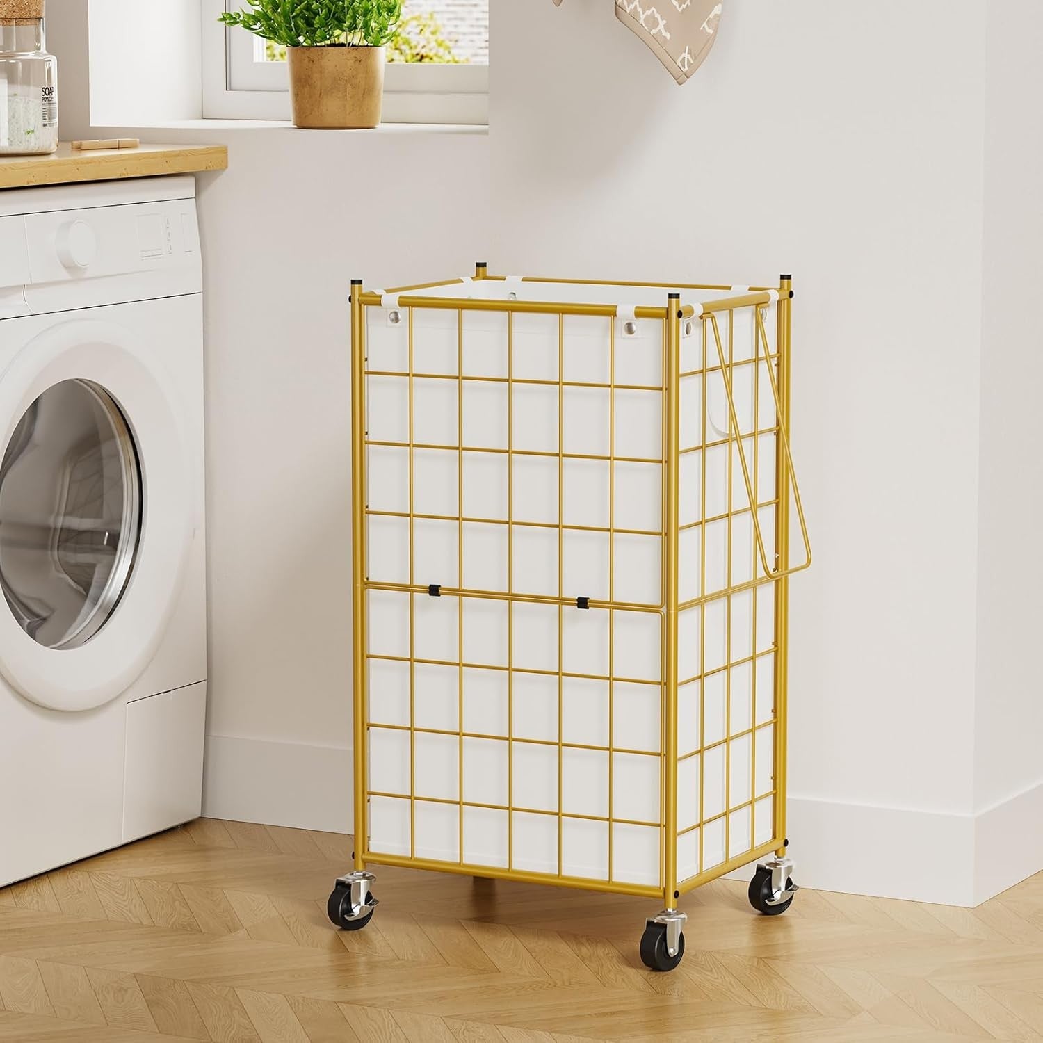 100L Rolling Laundry Hamper with Wheels Gold Metal Frame Removable Bag