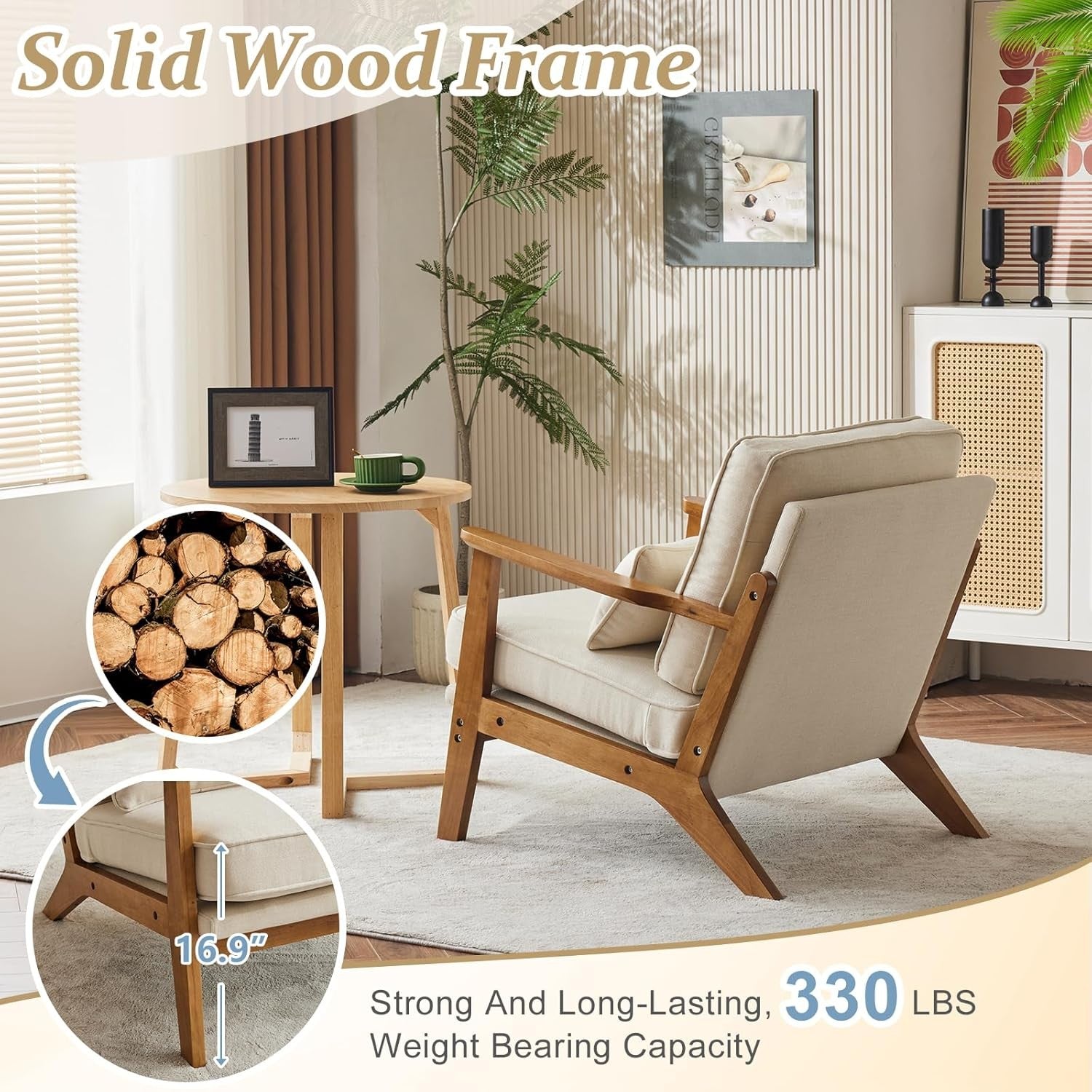 Beige Fabric Accent Chair – Solid Wood Lounge Armchair Wide Arm