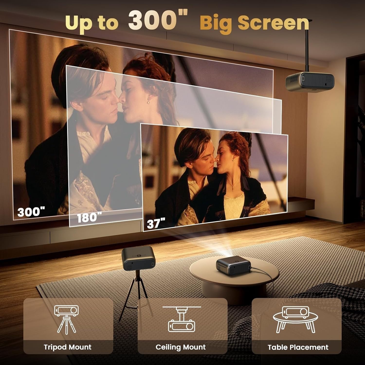 1080P Smart Projector 400 ANSI WiFi 6 Bluetooth Electric Focus 300"