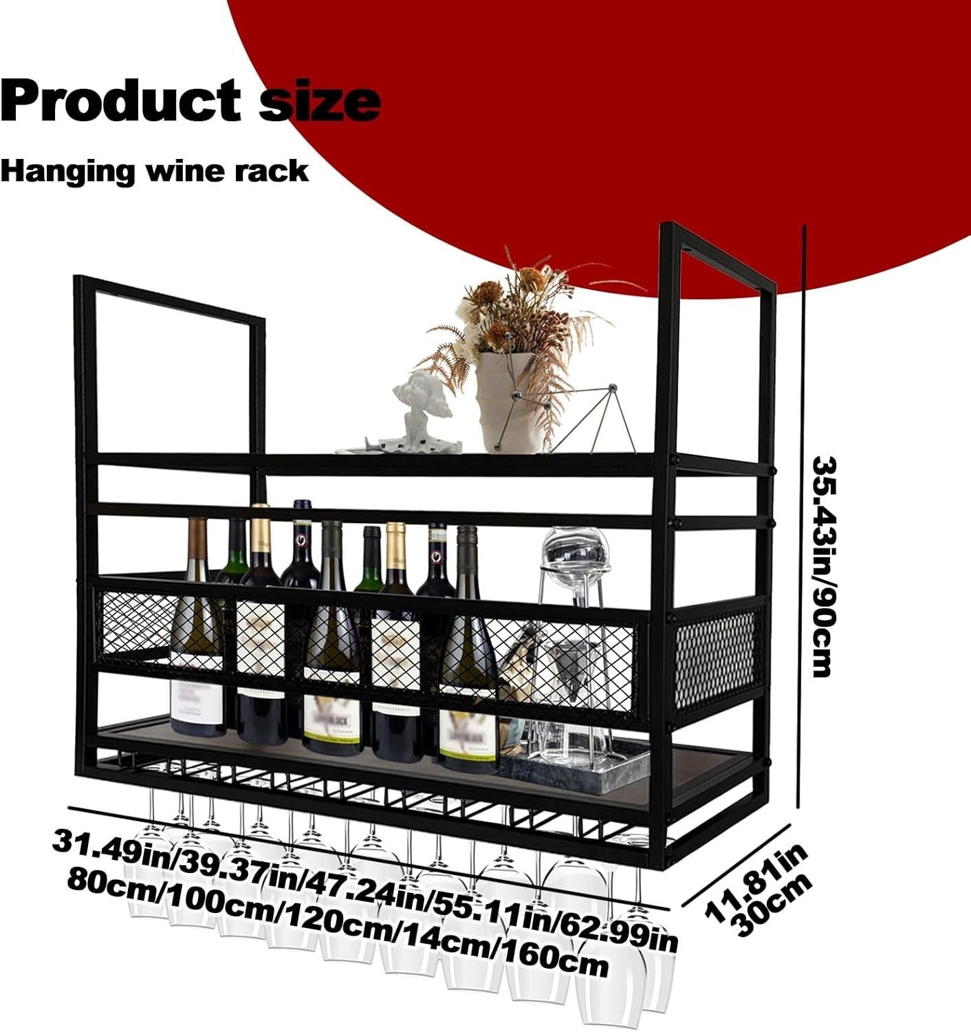 Ceiling Hanging Wine Rack 2-Tier Bar Bottle & Glass Holder Storage Shelf 140cm