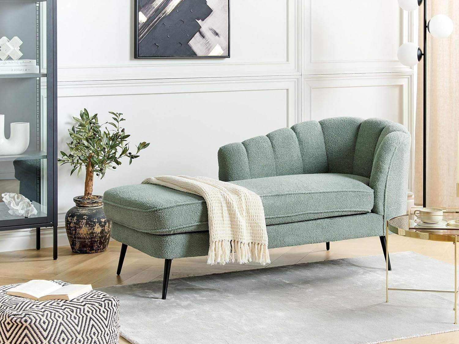 Modern Green Boucle Chaise Lounge with Reclining Back & Black Metal Legs