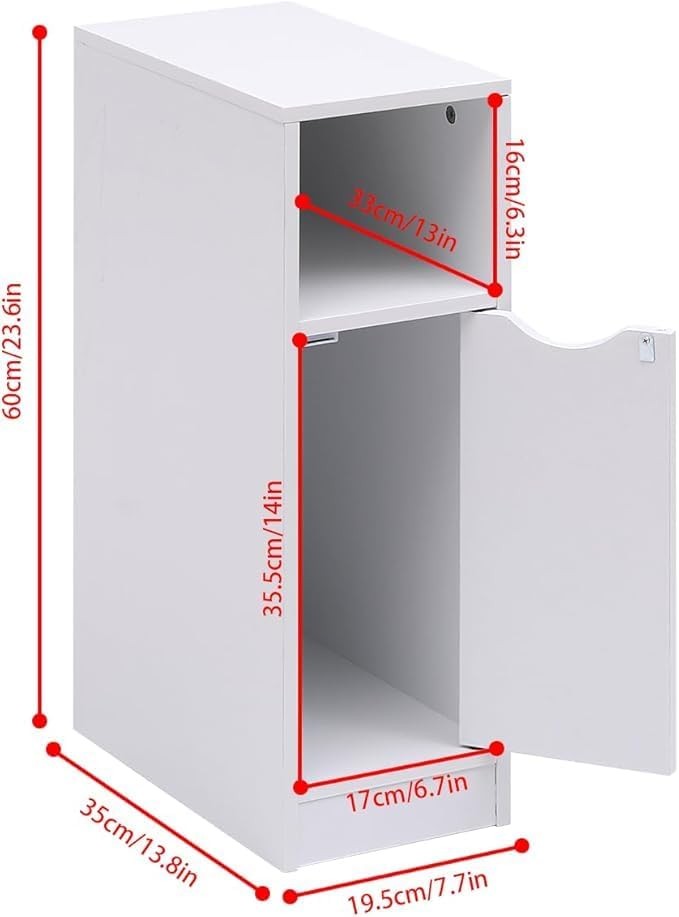 Slim White High Gloss Bedside Table with Drawer & Shelf, Narrow Nightstand