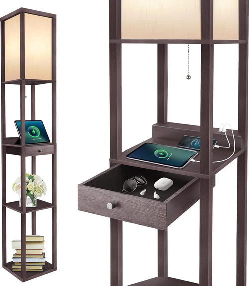 Floor Lamp with Shelves Drawer USB C LED Wooden Standing Storage Light