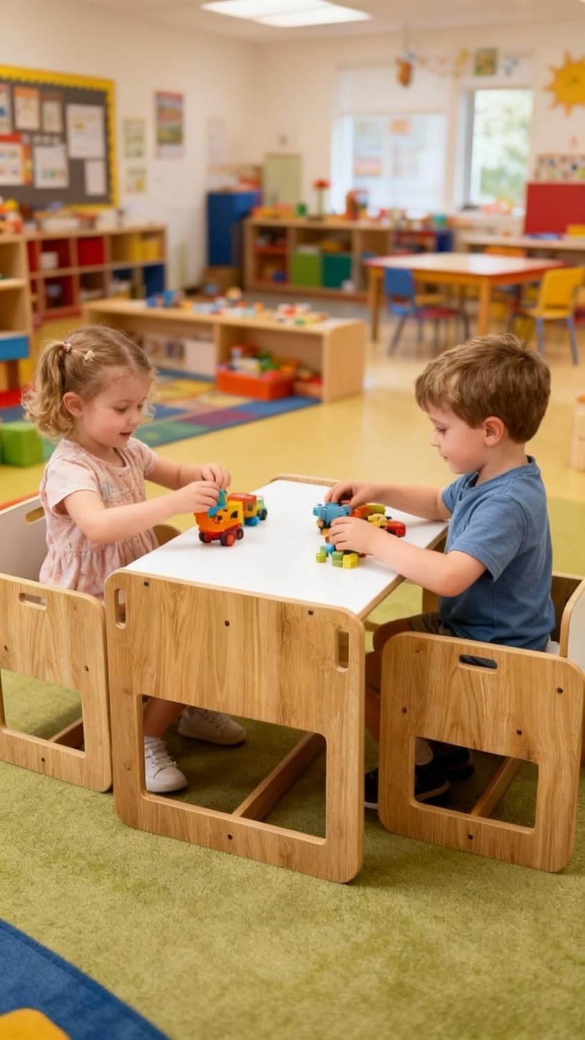 Kids Square Table & 2 Chairs Set MDF Natural Wood-Look, Safe Durable Play