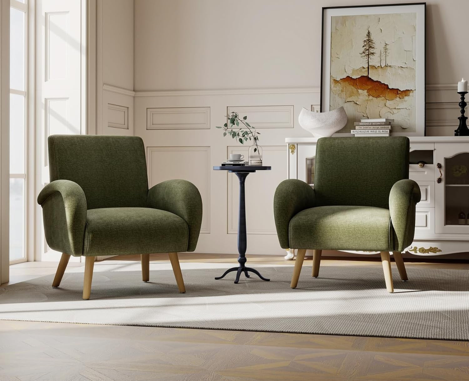 Green Chenille Accent Tub Chair Wooden Legs Modern Armchair
