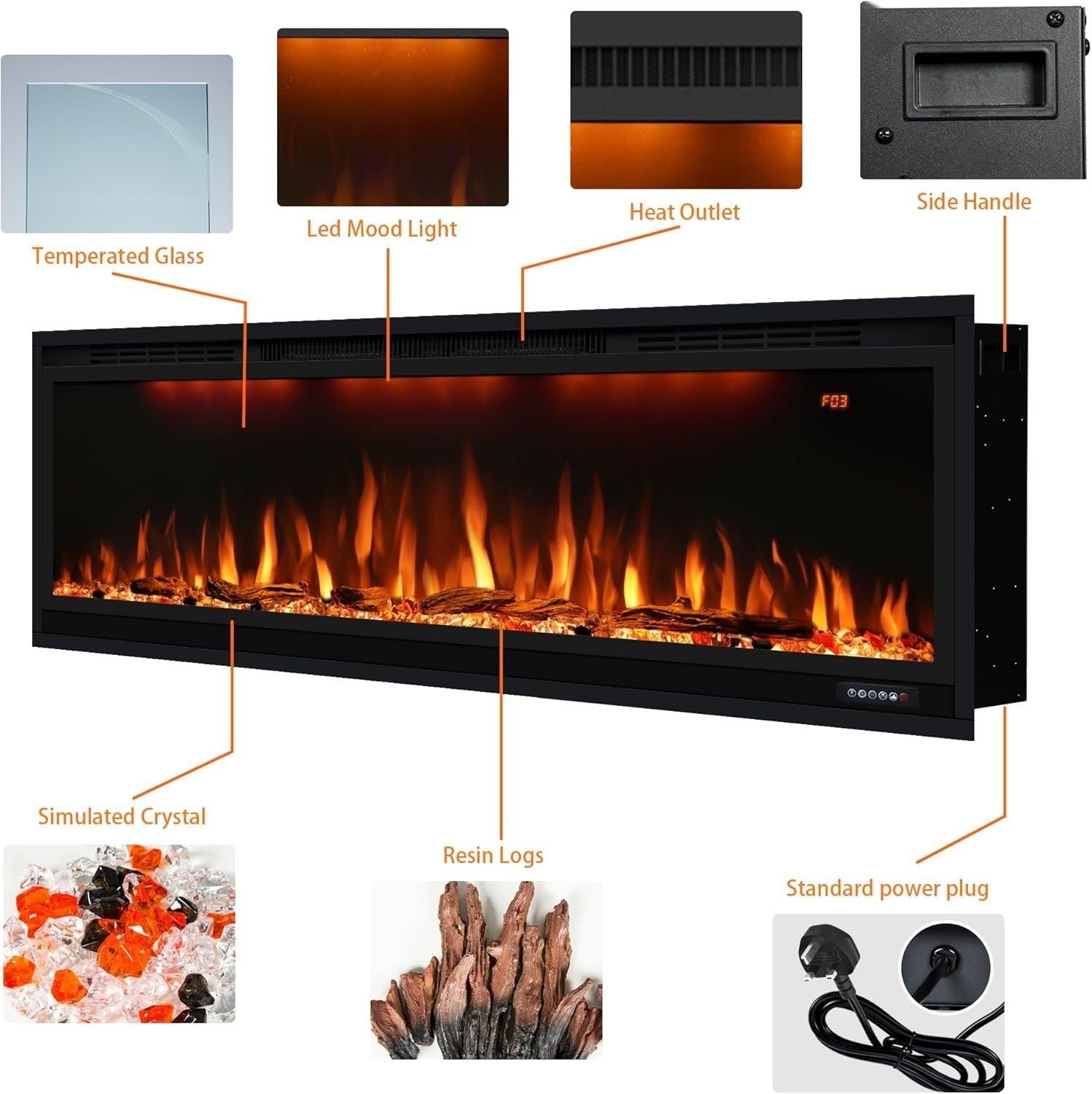 Electric Wall Mounted Fireplace 50" Recessed Heater Multicolor Flame Timer